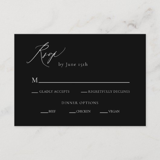 Black and White Calligraphy Wedding RSVP Begleitkarte (Vorderseite)