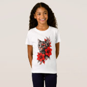 Black and White Cat with Bright Red Blooms Toddler T-Shirt (Vorne ganz)