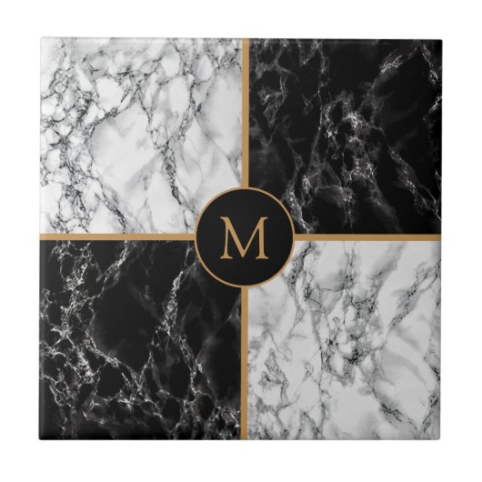 Black and White Check Marble Monogram Fliese (Vorderseite)