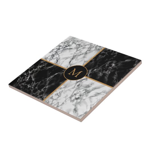 Black and White Check Marble Monogram Fliese (Seite)