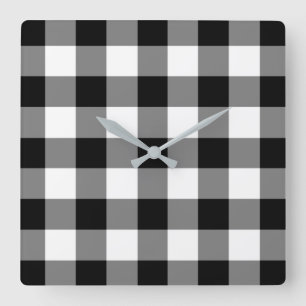 Black And White Checked Gingham Pattern Quadratische Wanduhr