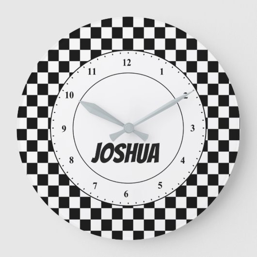 Black and White Checker Flag Large Clock Große Wanduhr (Vorderseite)