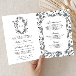 Black and White Chinoiserie Crest QR Code Wedding Einladung