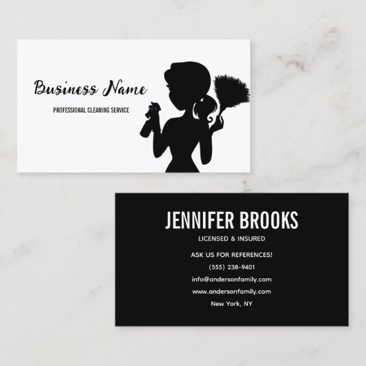 Black and white Cleaning Service Housekeeper Maid Visitenkarte (Vorne/Hinten)