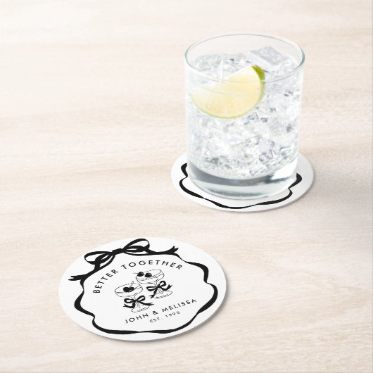 Black and White Coquette Bow Better Together Runder Pappuntersetzer (Vor Ort)