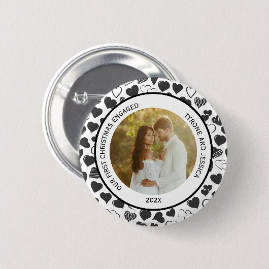 Black and White Couples First Christmas Engaged  Button (Vorne & Hinten)