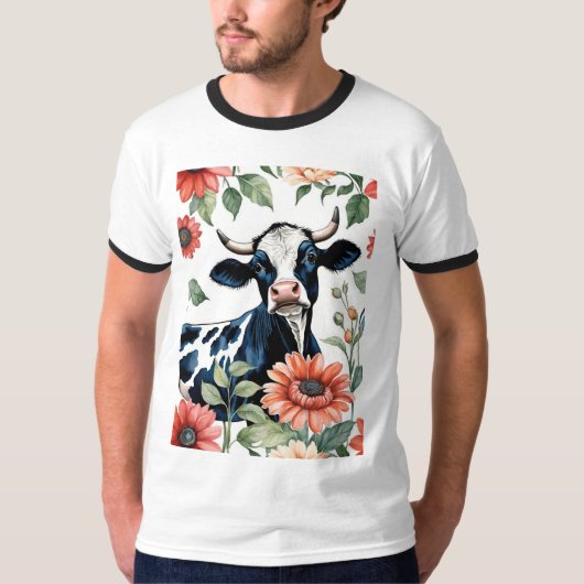 Black And White Cow With Orange Flowers T-Shirt (Vorderseite)