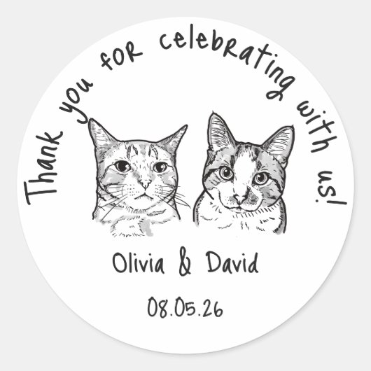 Black and White Cute Cats Wedding Favor Runder Aufkleber (Vorderseite)