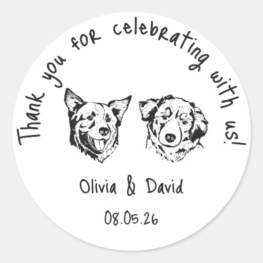 Black and White Cute Dogs Wedding Favor Runder Aufkleber (Vorderseite)