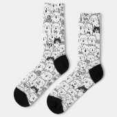 Black and White Cute Doodle Cat Face Pattern Socks Socken (Linkes Detail)