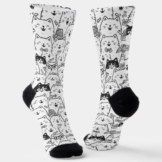 Black and White Cute Doodle Cat Face Pattern Socks Socken (Gewinkelt)