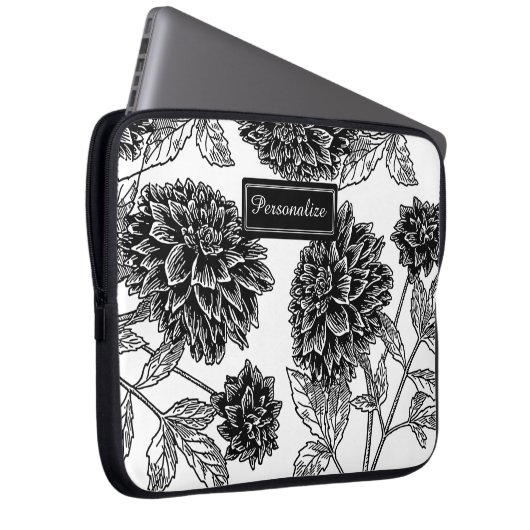 Black and White Dahlia Pattern Personalised Laptopschutzhülle (Vorne Rechts)