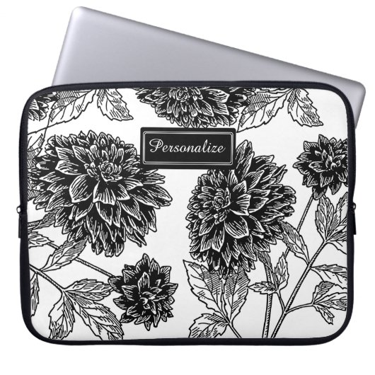Black and White Dahlia Pattern Personalised Laptopschutzhülle (Vorderseite)
