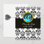 BLACK AND WHITE DAMASK Blue Aquamarine Monogramm Ankündigungspostkarte (Vorne/Hinten)
