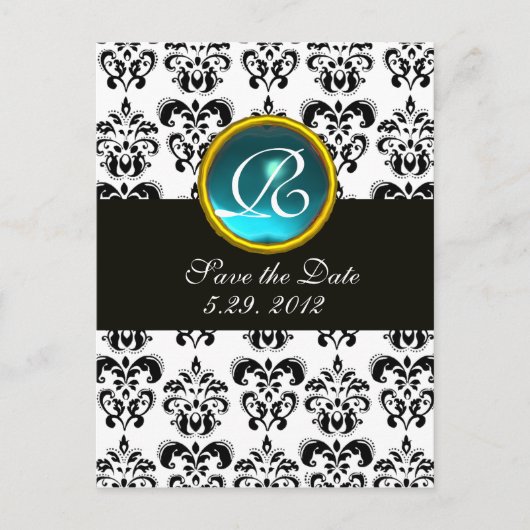 BLACK AND WHITE DAMASK Blue Aquamarine Monogramm Ankündigungspostkarte (Vorderseite)