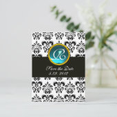 BLACK AND WHITE DAMASK Blue Aquamarine Monogramm Ankündigungspostkarte (Stehend Vorderseite)