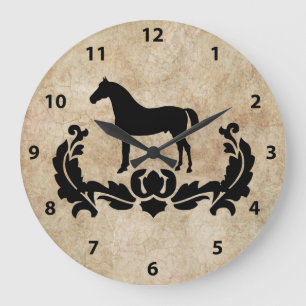 Black and White Damask Horse Große Wanduhr