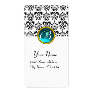 BLACK AND WHITE DAMASK MONOGRAM, blau aquamarin