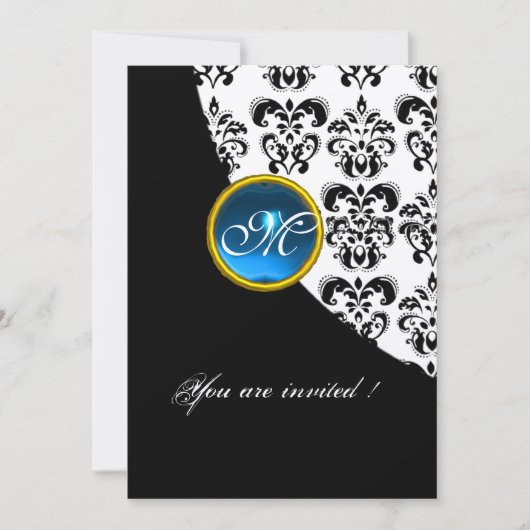 BLACK AND WHITE DAMASK MONOGRAM, blaues Saphigold Einladung (Vorderseite)