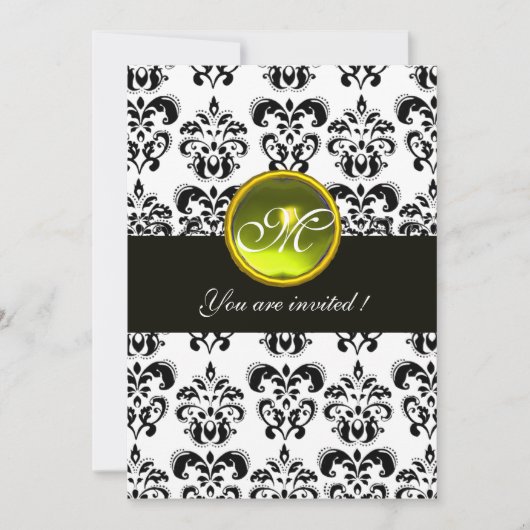 BLACK AND WHITE DAMASK MONOGRAM, gelber Topaz Einladung (Vorderseite)