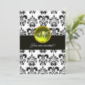 BLACK AND WHITE DAMASK MONOGRAM, gelber Topaz Einladung (Stehend Vorderseite)