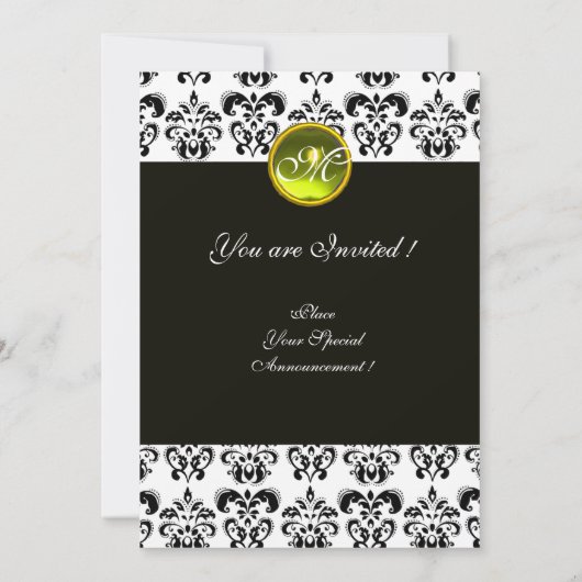 BLACK AND WHITE DAMASK MONOGRAM, gelber Topaz Einladung (Rückseite)