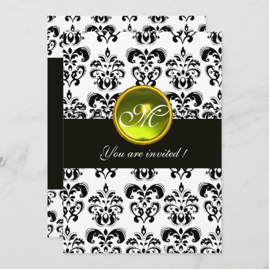BLACK AND WHITE DAMASK MONOGRAM, gelber Topaz Einladung (Vorne/Hinten)