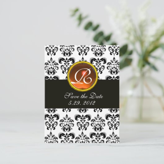 BLACK AND WHITE DAMASK Orange Agate Monogramm Ankündigungspostkarte (Stehend Vorderseite)