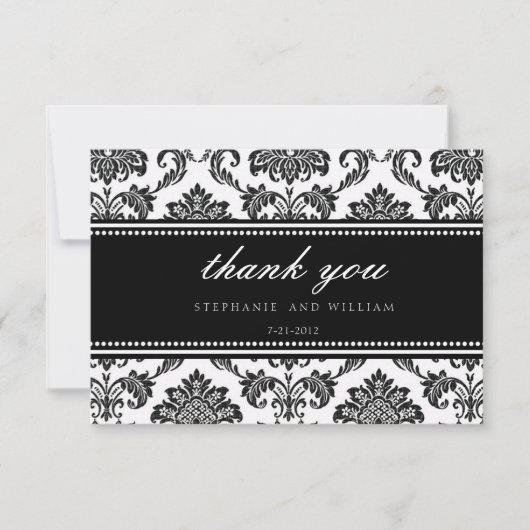 Black and White Damask Wedding Dankeschön Karte (Vorderseite)