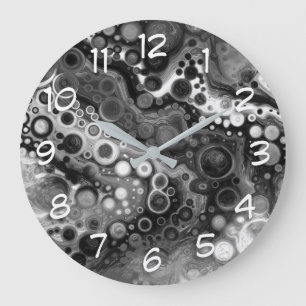 Black and White Digital Fluid Art Große Wanduhr