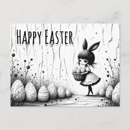 Black and White Easter Girl with Bunny Ears Postkarte (Vorderseite)