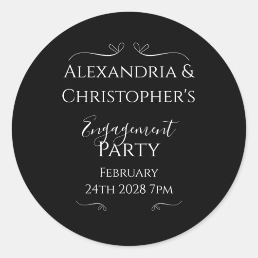 Black and White Elegant Script Engagement Party Runder Aufkleber (Vorderseite)