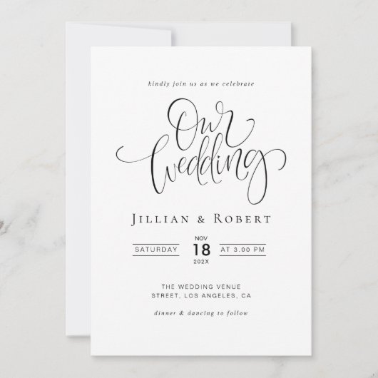 black and white elegant script wedding invitation einladung (Vorderseite)