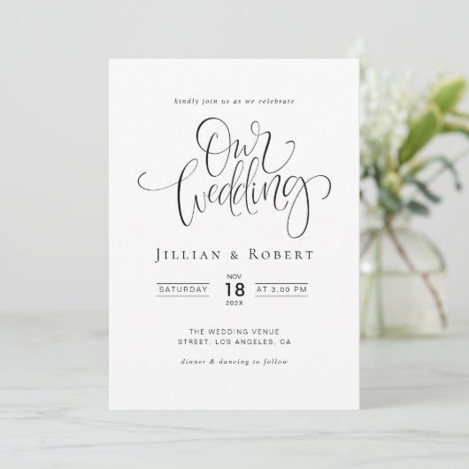 black and white elegant script wedding invitation einladung (Stehend Vorderseite)