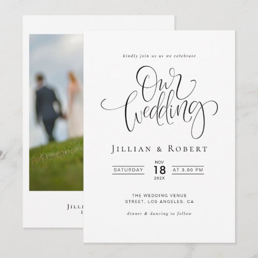 black and white elegant script wedding invitation einladung (Vorne/Hinten)
