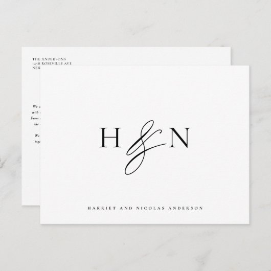 Black and White elegante Monogram Wedding Danke Postkarte (Vorne/Hinten)