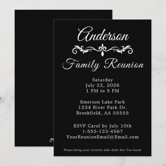 Black and White Family Reunion Elegant Script Inv Einladung (Vorne/Hinten)