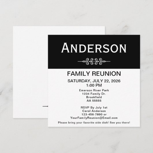 Black and White Family Reunion Square Simple Einladung (Vorne/Hinten)