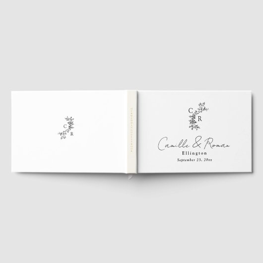 Black and White Flora Monogram Calligraphy Wedding Gästebuch (Voll)