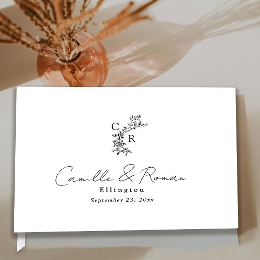 Black and White Flora Monogram Calligraphy Wedding Gästebuch