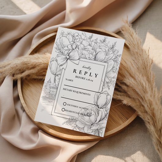 Black and White Floral Bow Wedding RSVP Karte