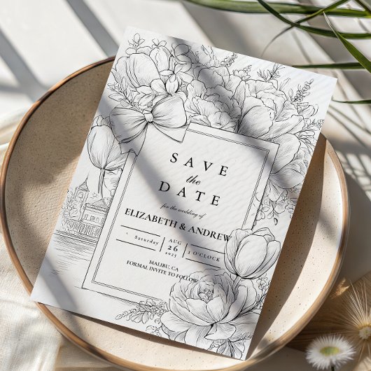 Black and White Floral Bow Wedding Save The Date