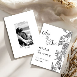 Black and White Floral Calligraphy Script w Photo Save The Date