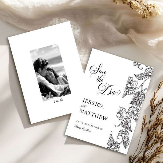 Black and White Floral Calligraphy Script w Photo Save The Date