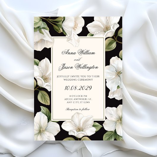Black and white Floral elegant wedding Einladung