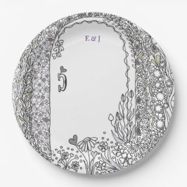 Black and White Floral Garden Door Wedding Pappteller