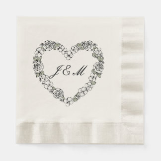 Black and White Floral Heart Wedding Napkins Serviette