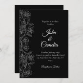Black and White Floral Line Art Wedding Einladung (Vorne/Hinten)