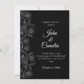 Black and White Floral Line Art Wedding  Einladung (Vorderseite)