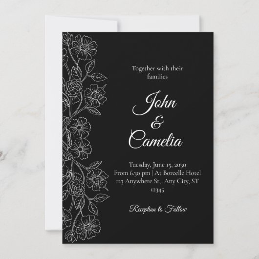 Black and White Floral Line Art Wedding Einladung (Vorderseite)